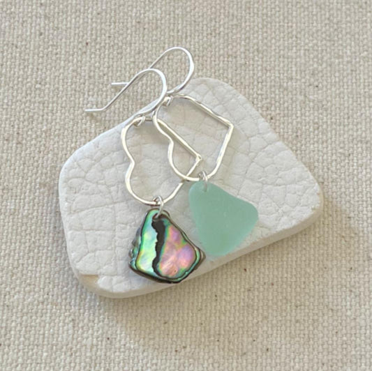 Small Mismatched Heart Earrings - Abalone Shell and Seafoam Seaglass