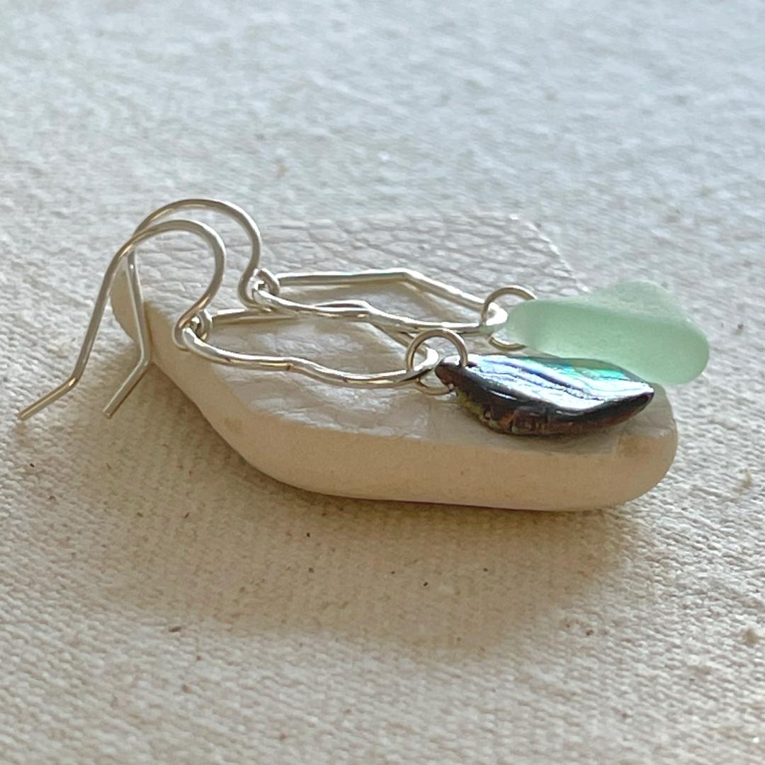 Small Mismatched Heart Earrings - Abalone Shell and Seafoam Seaglass