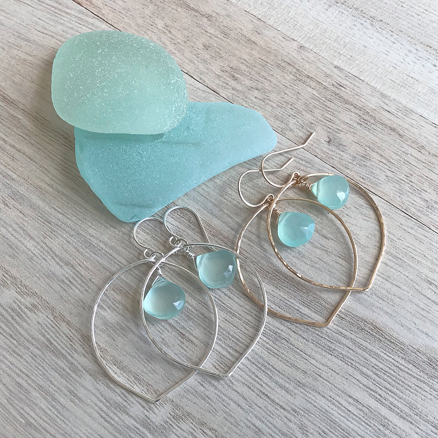 Aqua Chalcedony Lotus Petal Hoop Earrings