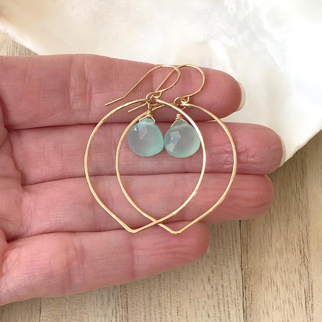 Aqua Chalcedony Lotus Petal Hoop Earrings