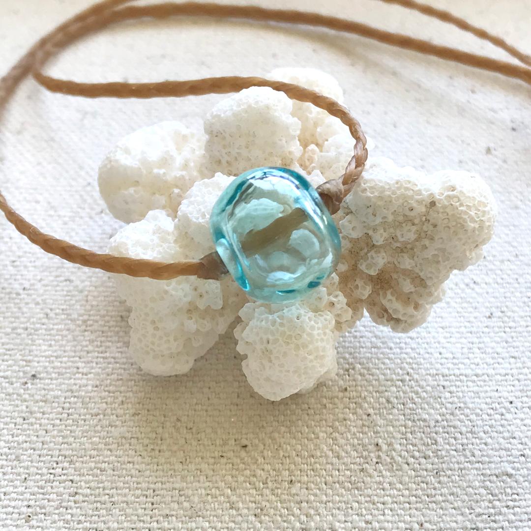 Braided Waxed Cord Beach necklace with Handmade Hollow Aqua Glass Bead