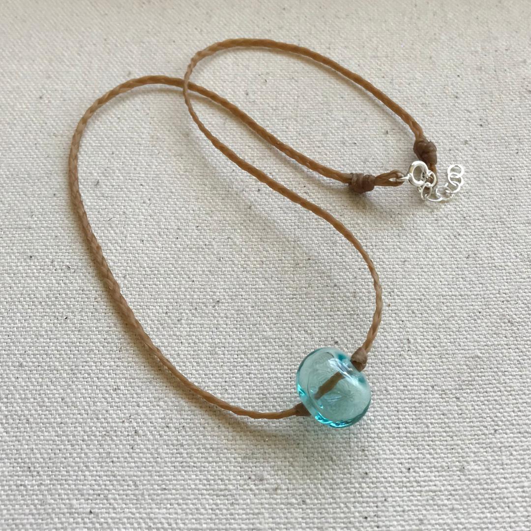 Braided Waxed Cord Beach necklace with Handmade Hollow Aqua Glass Bead