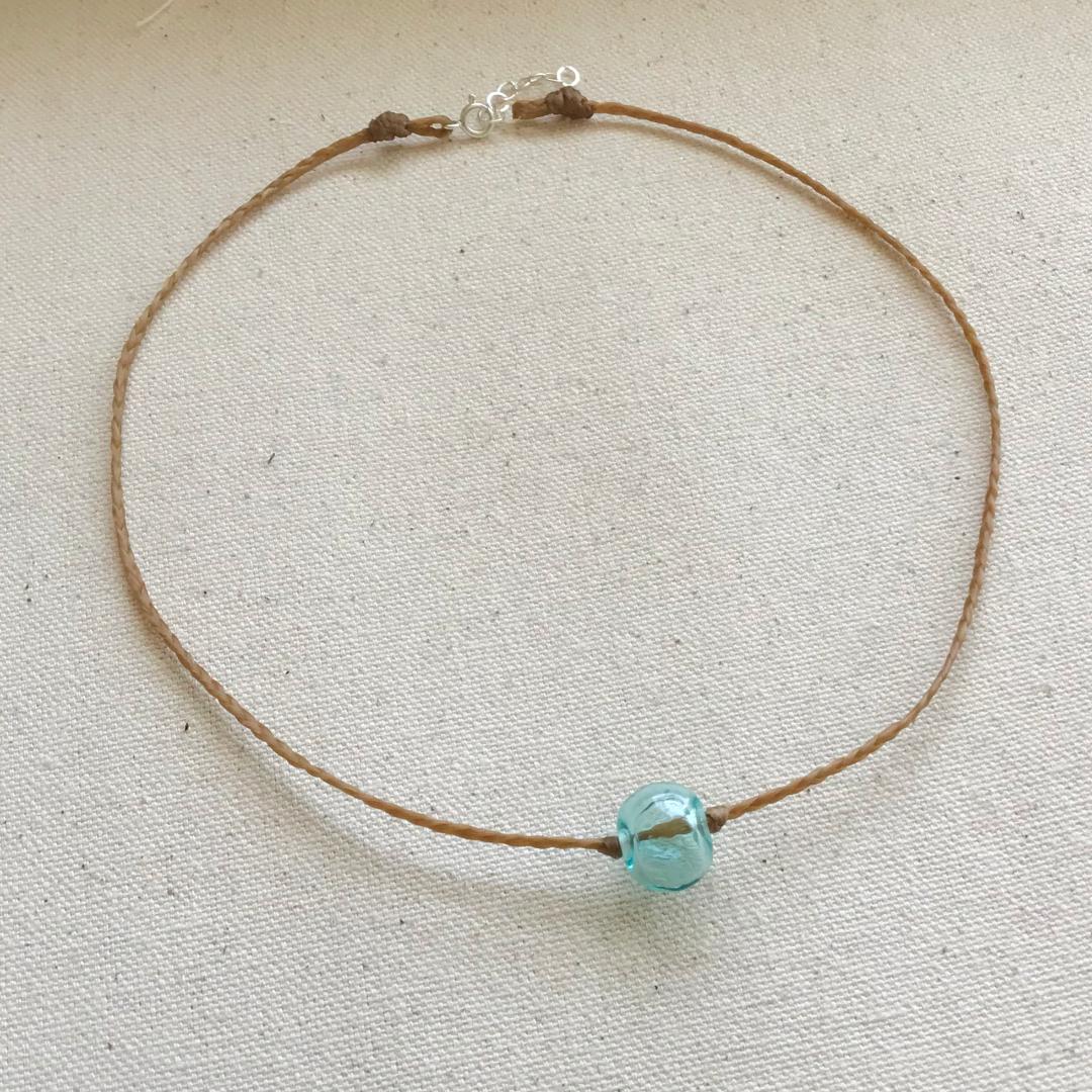 Braided Waxed Cord Beach necklace with Handmade Hollow Aqua Glass Bead