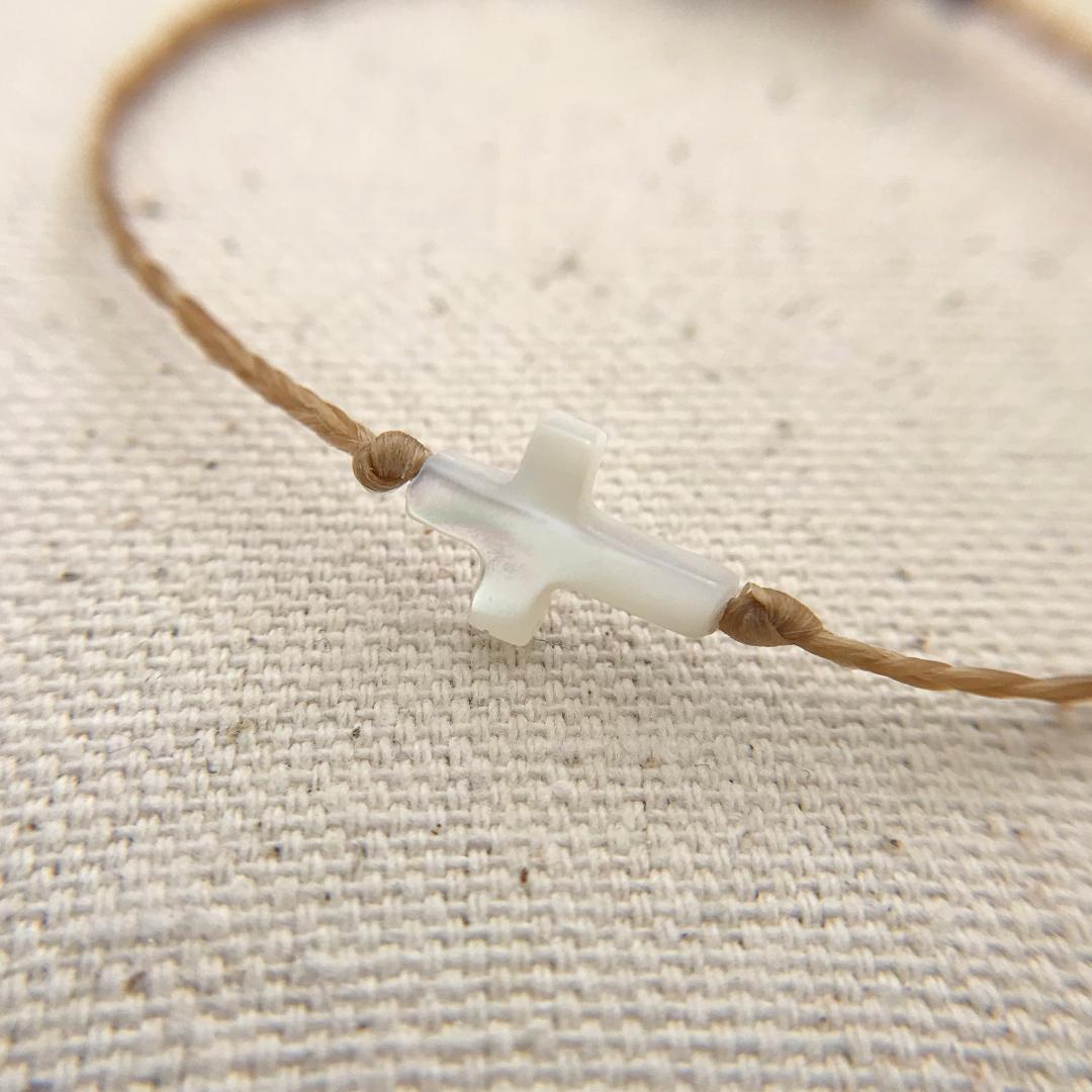 Braided Mother of Pearl Cross Anklet