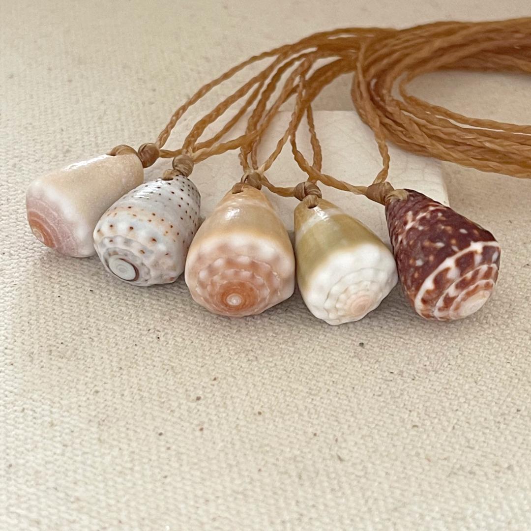 Seashell Beach Necklaces. Hawaiian cone shells simply strung on waxed cord.