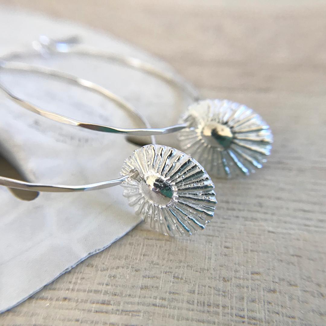 Hammered Hoop Earrings with Limpet Shell Charms