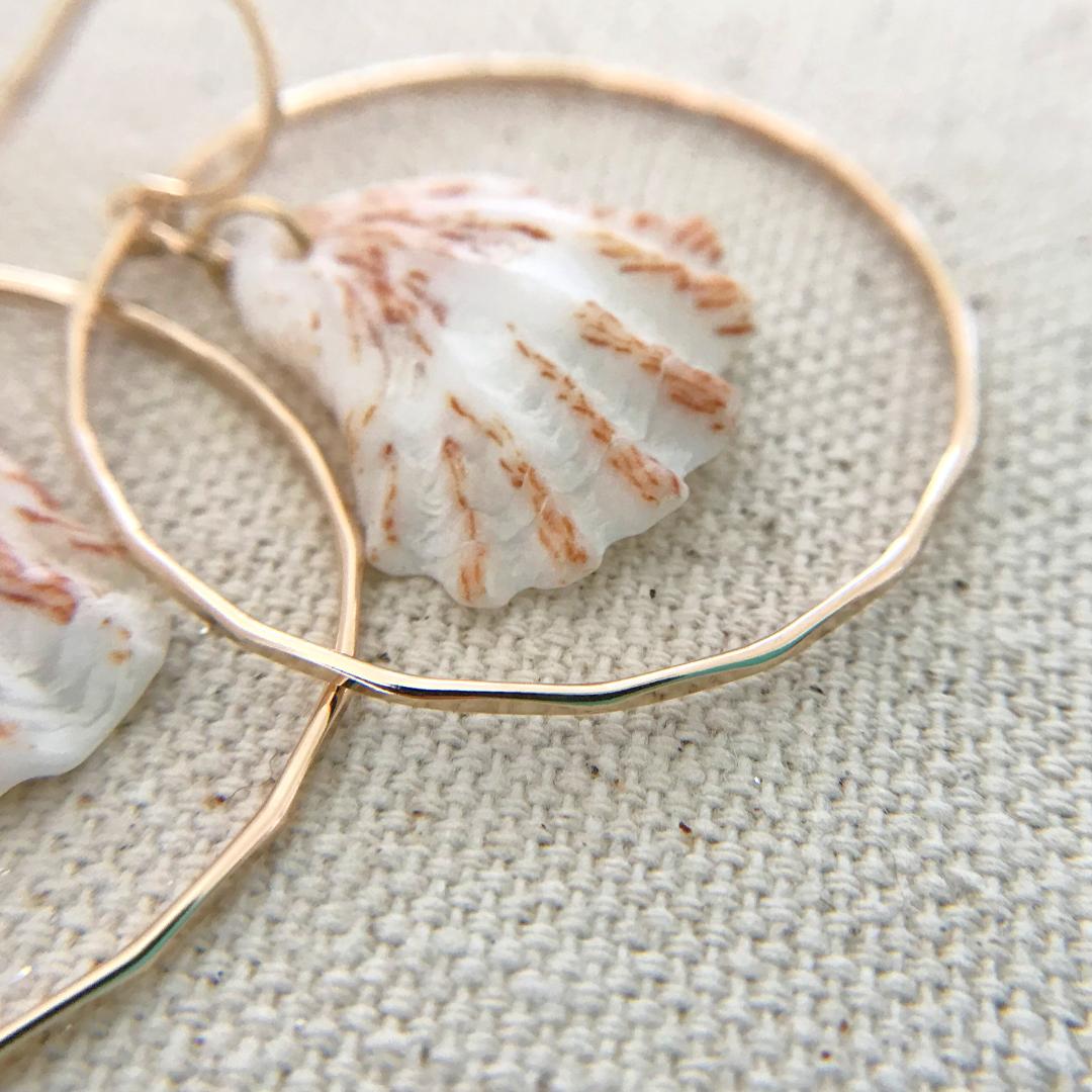 Gold Hammered Hoop Earrings with Kitten's Paws Seashell Dangles