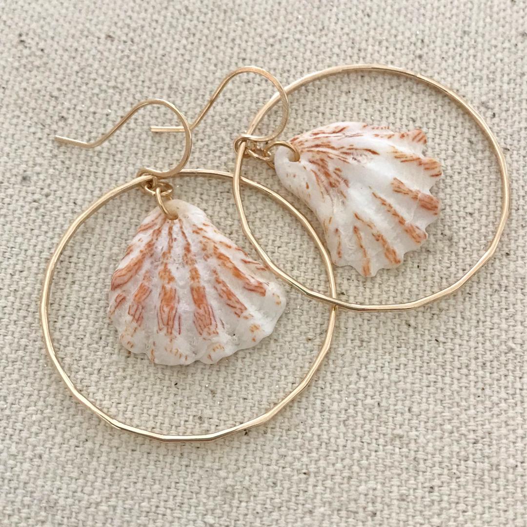 Gold Hammered Hoop Earrings with Kitten's Paws Seashell Dangles