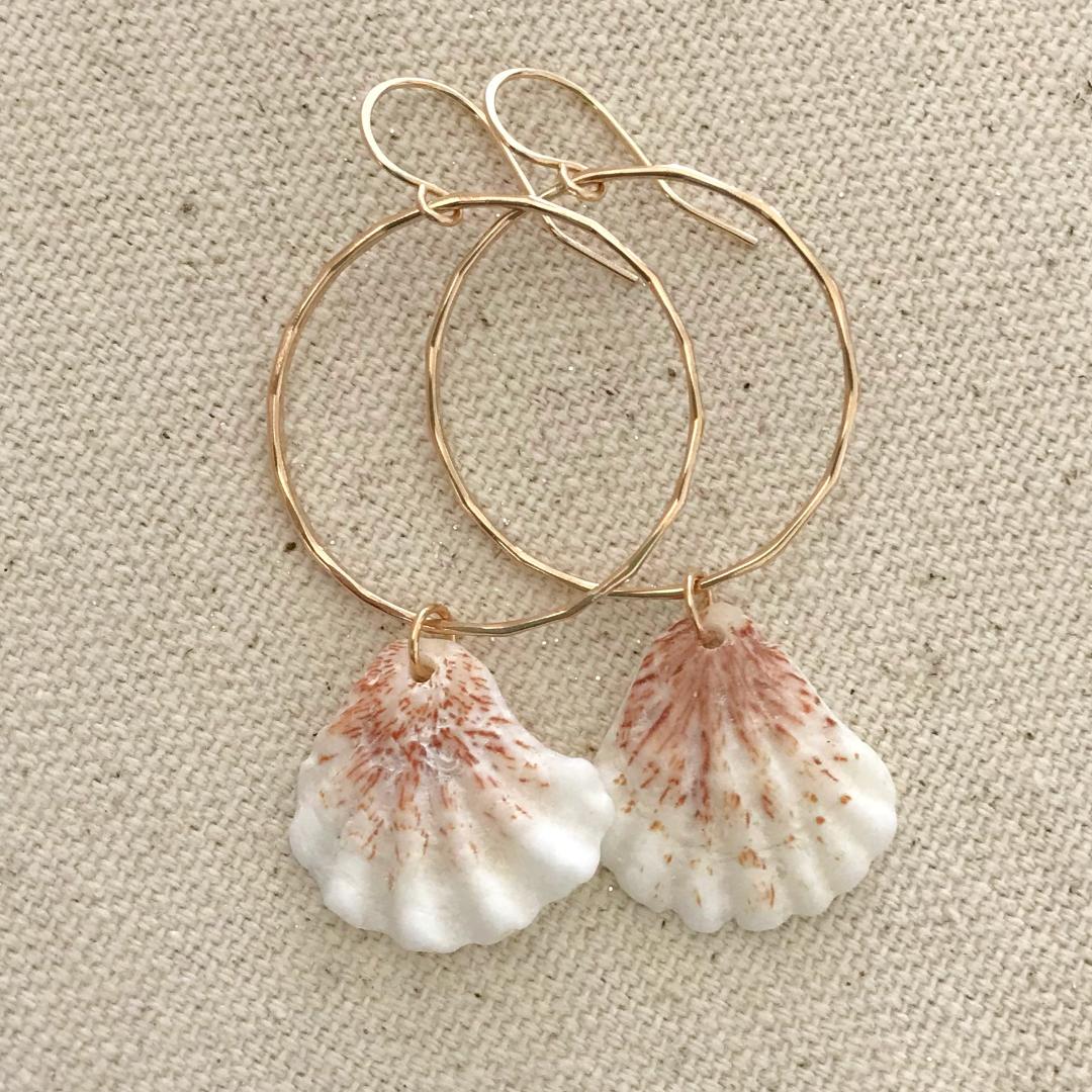 Gold Hammered Hoop Earrings with Kitten Paw Seashell Dangles