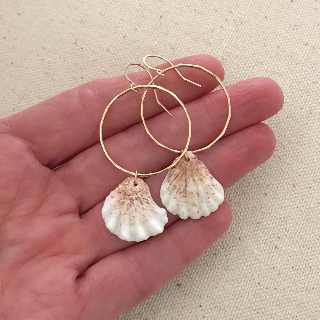 Gold Hammered Hoop Earrings with Kitten Paw Seashell Dangles