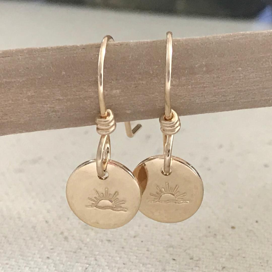 Simple Silver or Gold Disk Dangle Earrings with Hand Stamped Ocean Sunsets