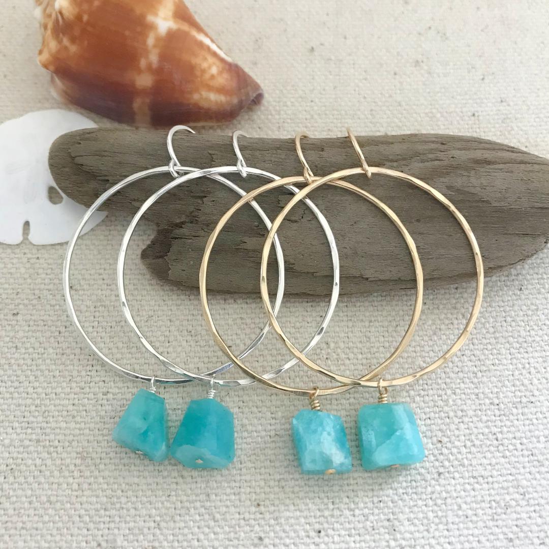 Handmade Boho Circle Hoop Earrings with Freeform Cut Amazonite Gemstone Dangles