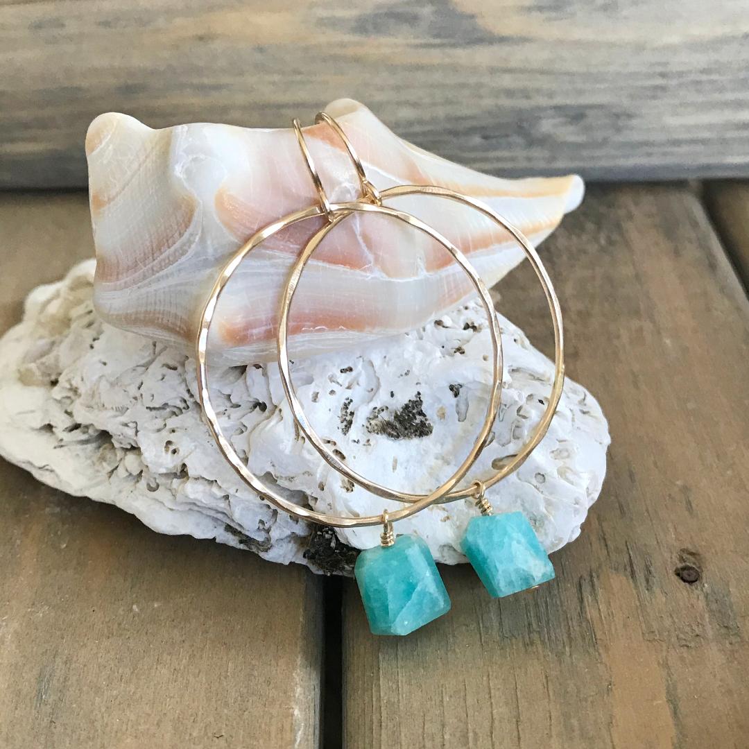 Handmade Boho Circle Hoop Earrings with Freeform Cut Amazonite Gemstone Dangles