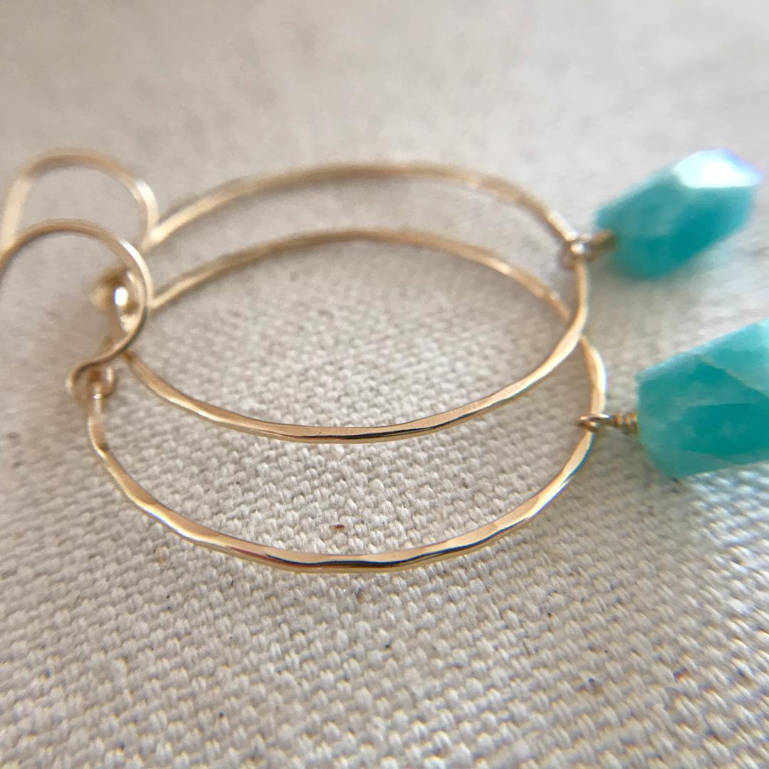 Handmade Boho Circle Hoop Earrings with Freeform Cut Amazonite Gemstone Dangles