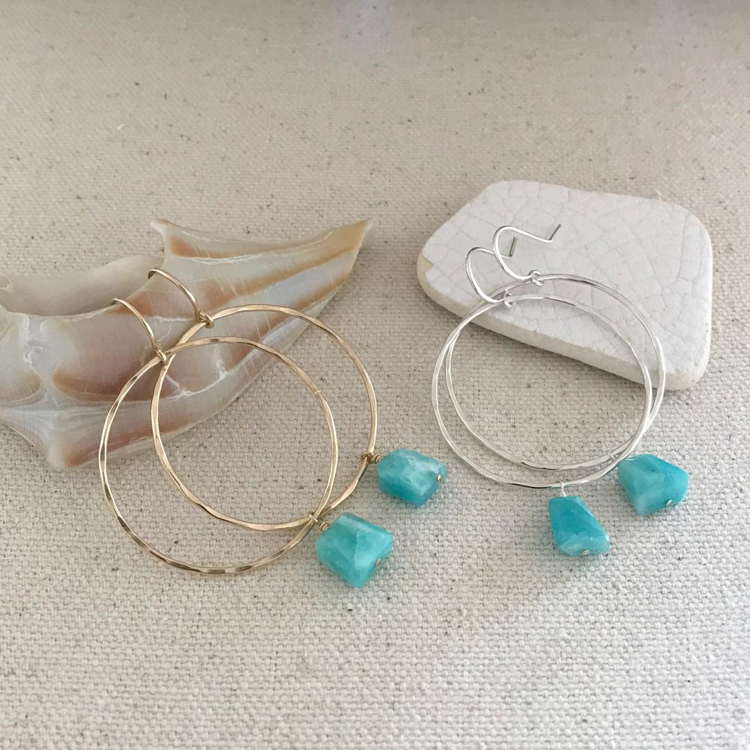 Handmade Boho Circle Hoop Earrings with Freeform Cut Amazonite Gemstone Dangles