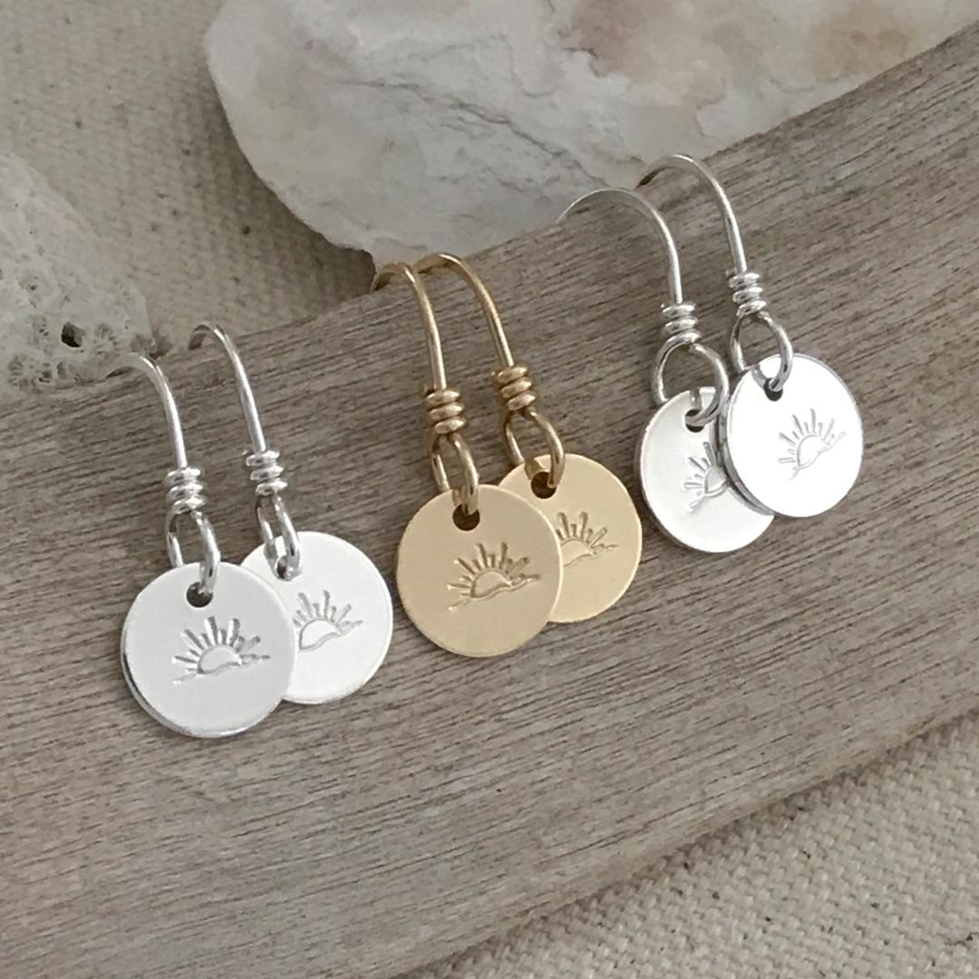 Simple Hand Stamped Ocean Sunset Dangle Earrings in Sterling Silver or 14K Gold Filled 