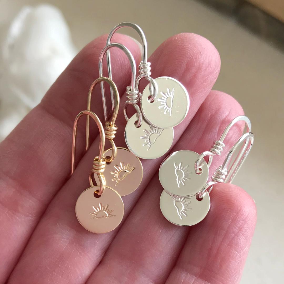 Simple Hand Stamped Ocean Sunset Dangle Earrings in Sterling Silver or 14K Gold Filled 