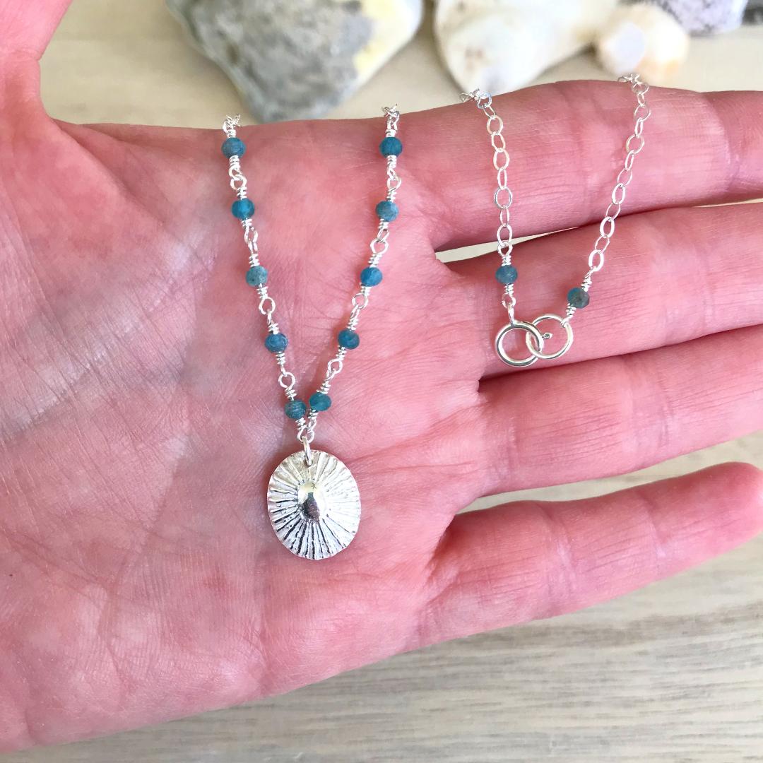 Fine Silver Limpet Shell Necklace with Apatite Gemstones