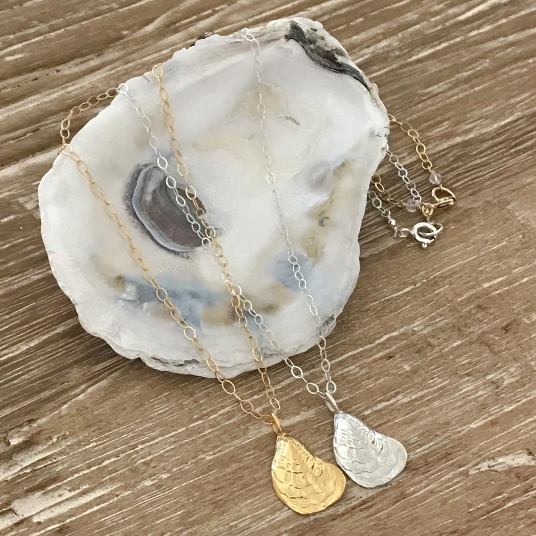 Oyster Shell Charm Necklace on 18 Inch Sterling Silver or 14K Gold-filled Cable Chain