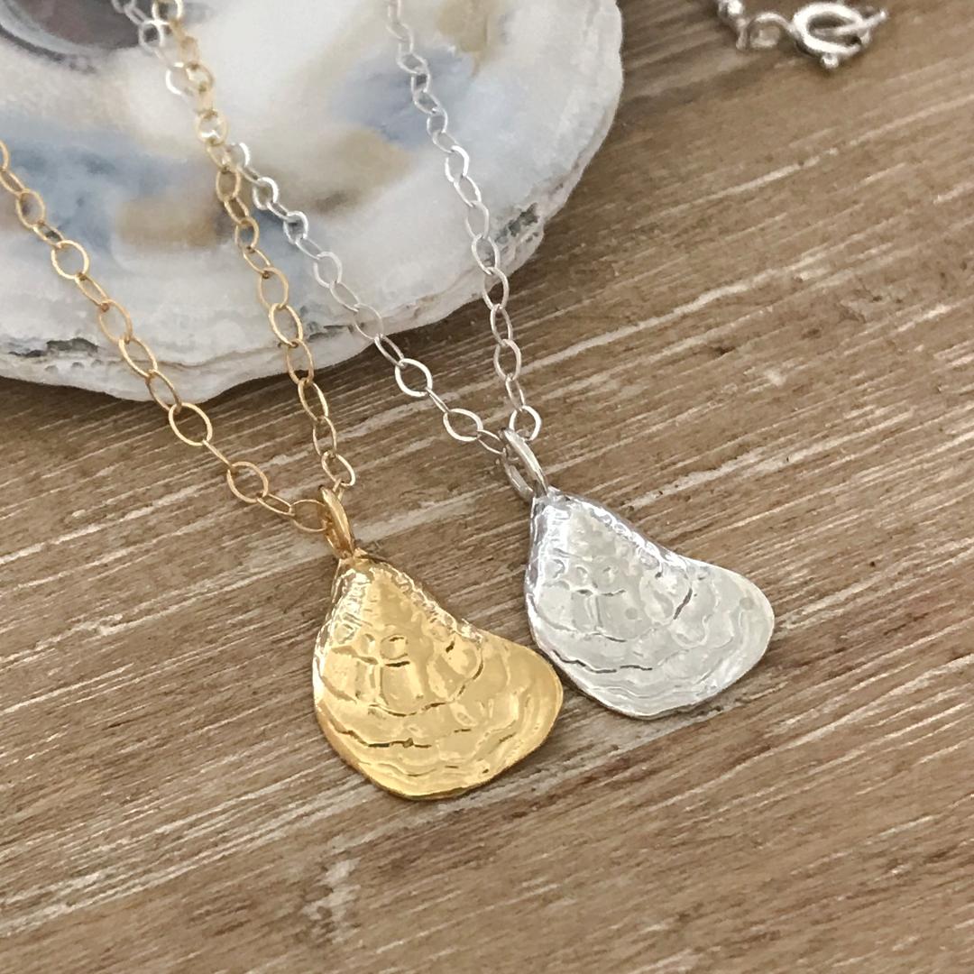 Oyster Shell Charm Necklace on 18 Inch Sterling Silver or 14K Gold-filled Cable Chain