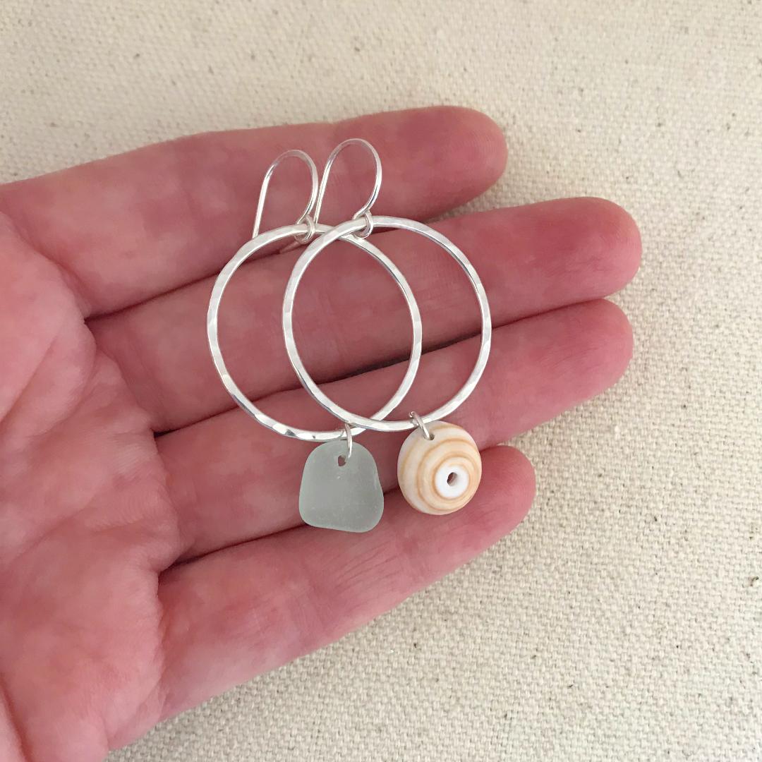 Sterling Silver Mismatched Puka Shell and Seafoam Seaglass Hoop Earrings