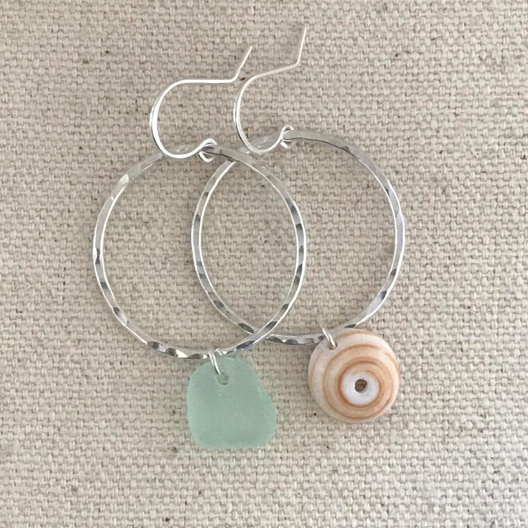 Sterling Silver Mismatched Puka Shell Seaglass Hoop Earrings