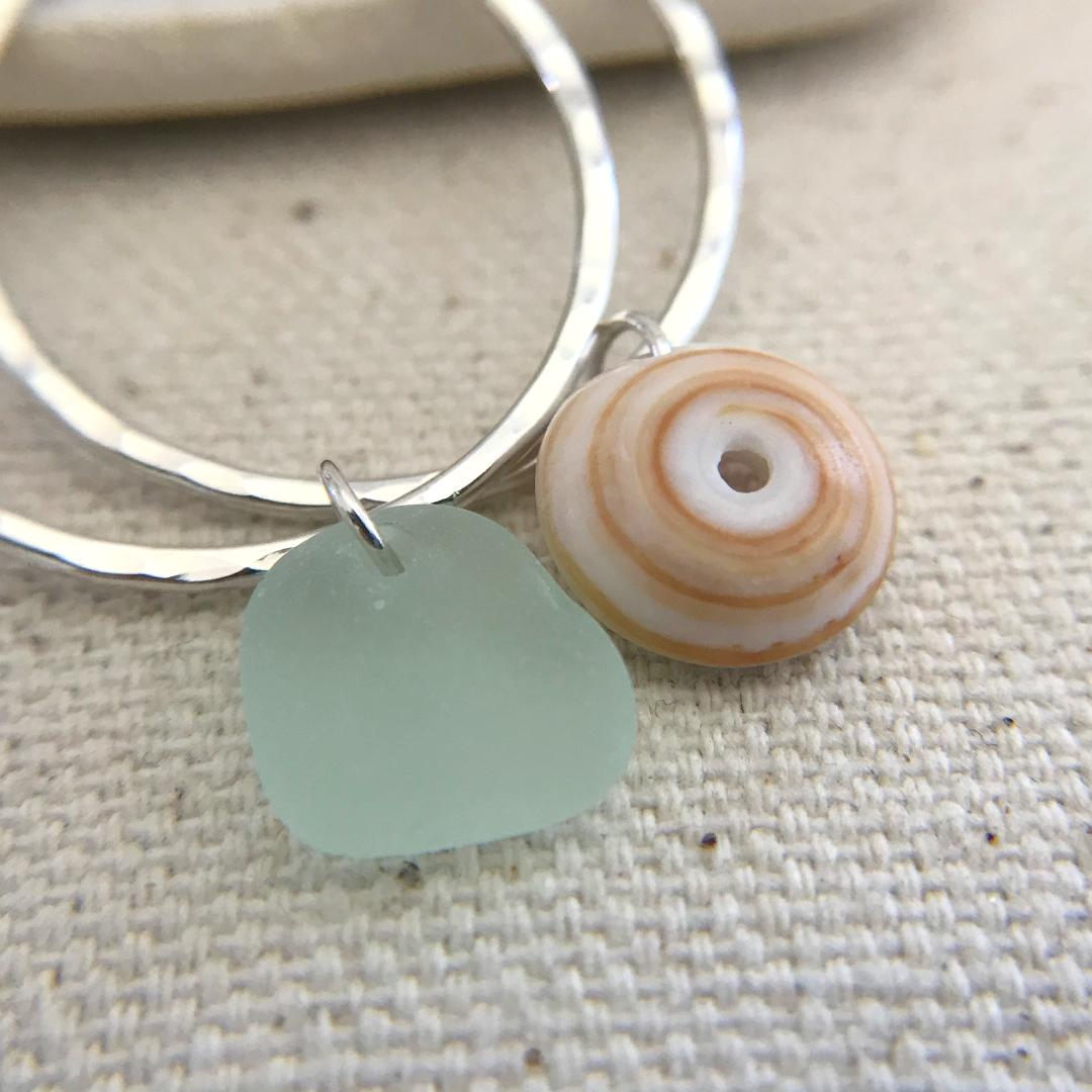 Sterling Silver Mismatched Puka Shell and Seafoam Seaglass Hoop Earrings