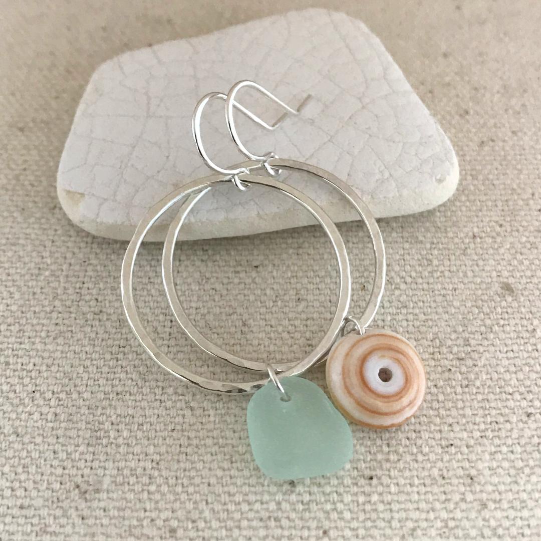 Sterling Silver Mismatched Puka Shell and Seafoam Seaglass Hoop Earrings
