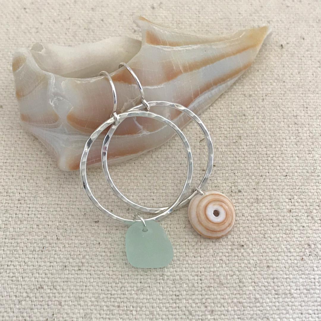 Sterling Silver Mismatched Puka Shell and Seafoam Seaglass Hoop Earrings