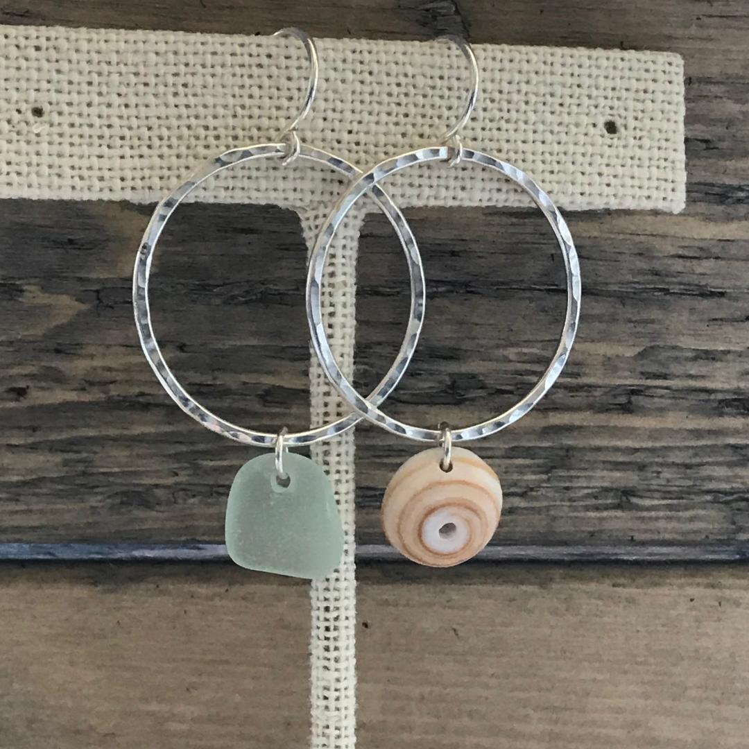 Sterling Silver Mismatched Puka Shell and Seafoam Seaglass Hoop Earrings