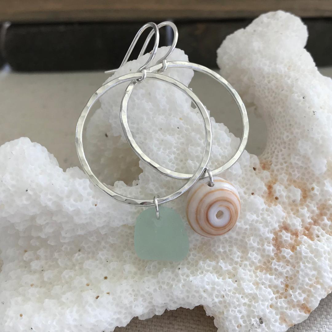 Sterling Silver Mismatched Puka Shell Seaglass Hoop Earrings