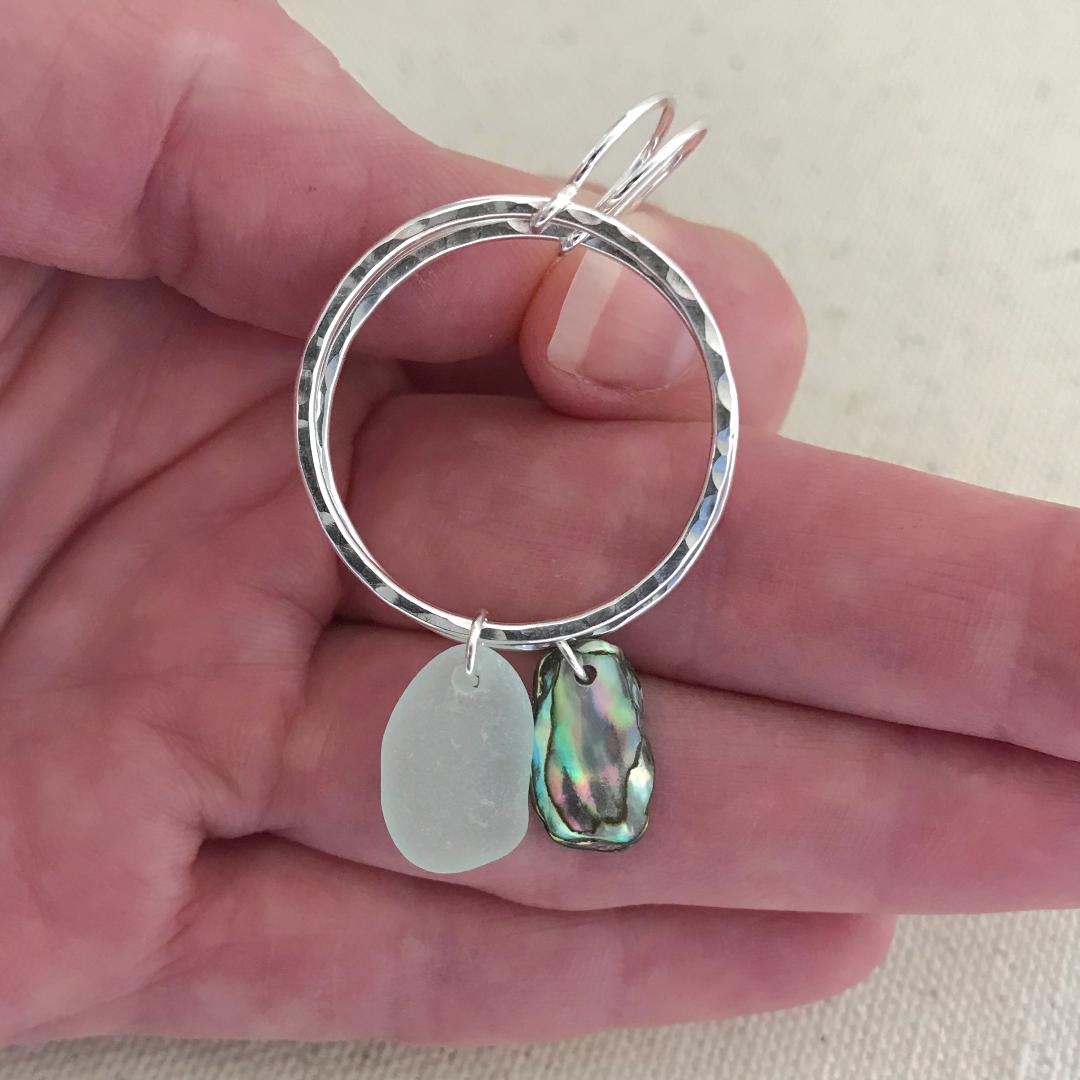Sterling Silver Mismatched Sea Glass and Abalone Hoop Earrings #1