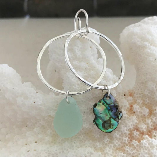 Sterling Silver Mismatched Sea Glass and Abalone Hoop Earrings #2
