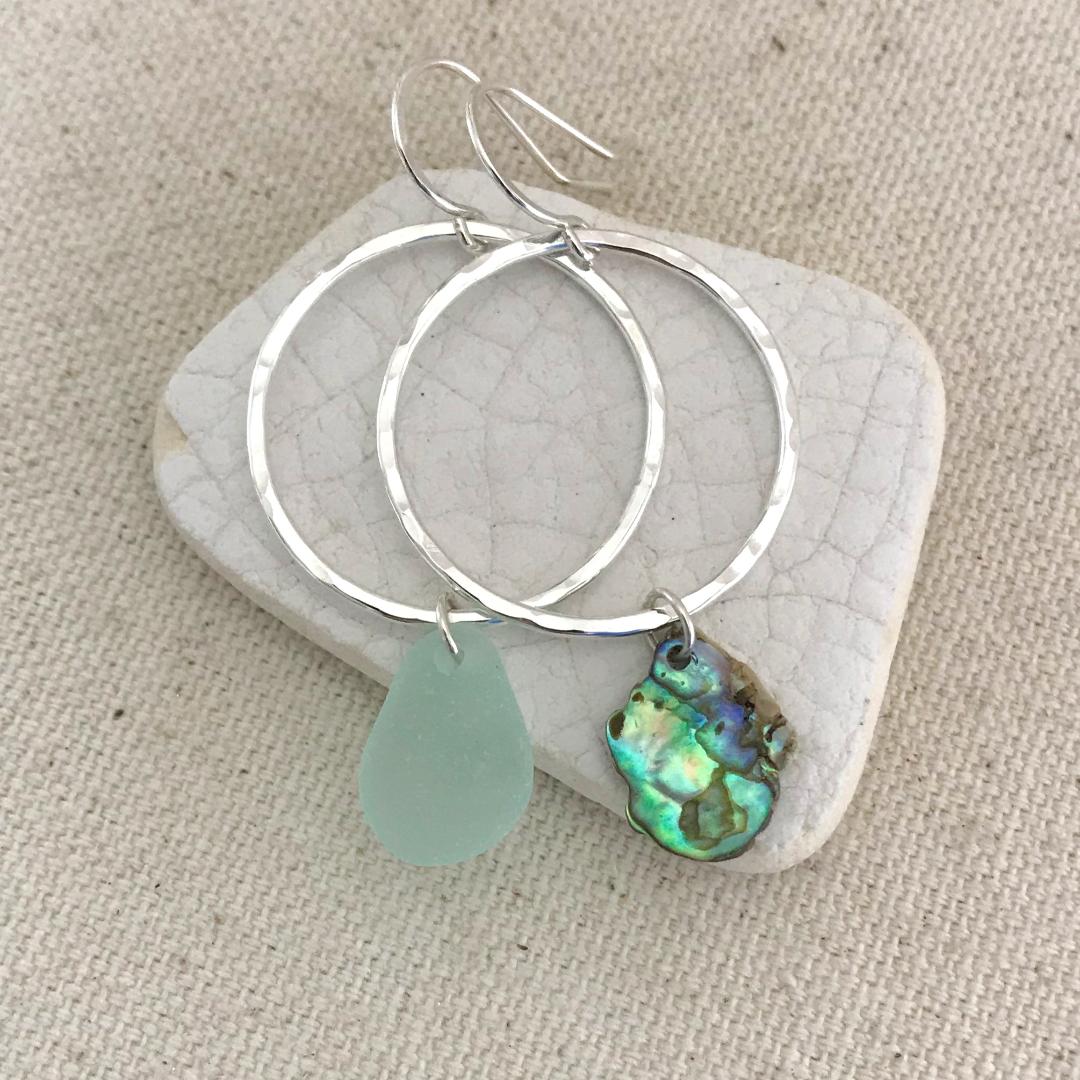 Sterling Silver Mismatched Sea Glass and Abalone Hoop Earrings #2