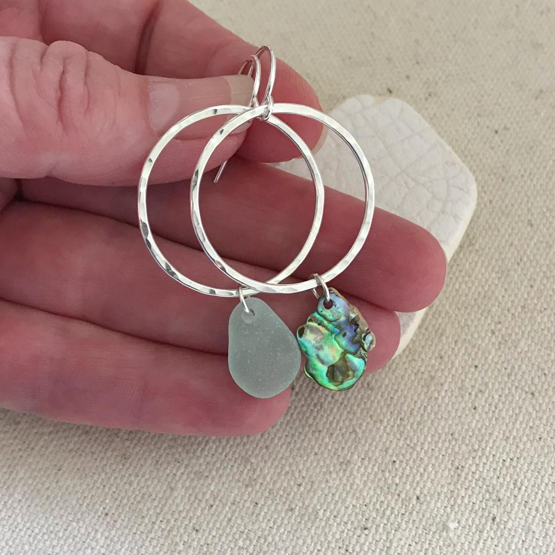 Sterling Silver Mismatched Sea Glass and Abalone Hoop Earrings #2