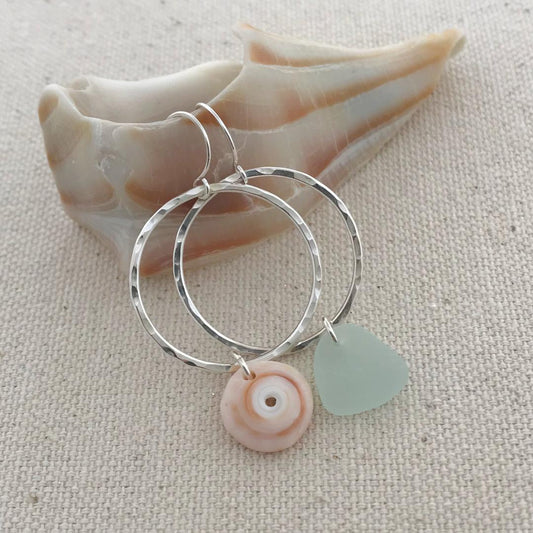 Sterling Silver Mismatched Puka Shell Seaglass Hoop Earrings