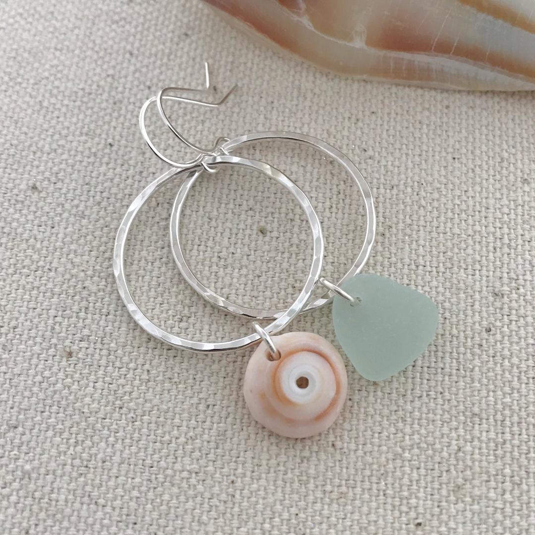 Sterling Silver Mismatched Puka Shell Seaglass Hoop Earrings