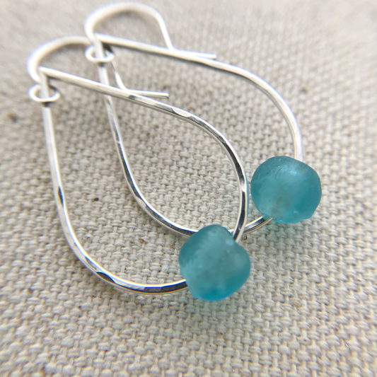Teardrop Hoop Earrings with Single Floating Recycled Glass Bead - Turquoise Blue