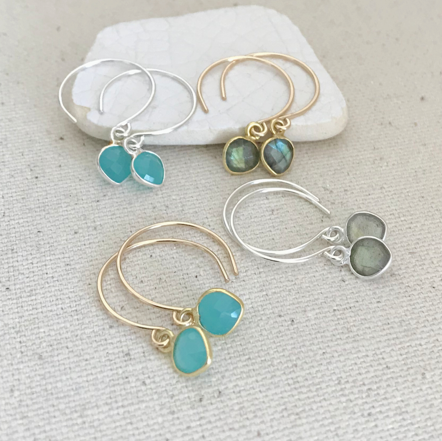 Simple Gemstone Drop Earrings - Labradorite and Seafoam Blue Chalcedony
