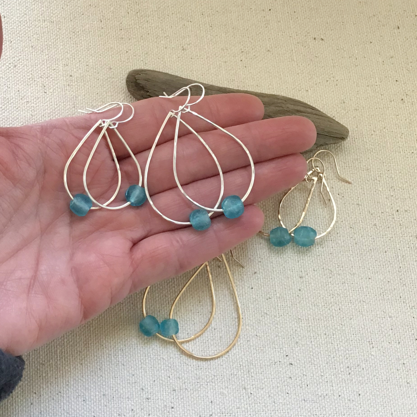 Teardrop Hoop Earrings with Single Floating Recycled Glass Bead - Turquoise Blue