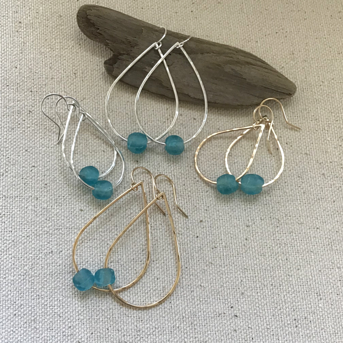 Teardrop Hoop Earrings with Single Floating Recycled Glass Bead - Turquoise Blue