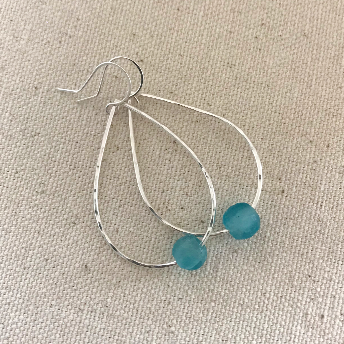 Teardrop Hoop Earrings with Single Floating Recycled Glass Bead - Turquoise Blue