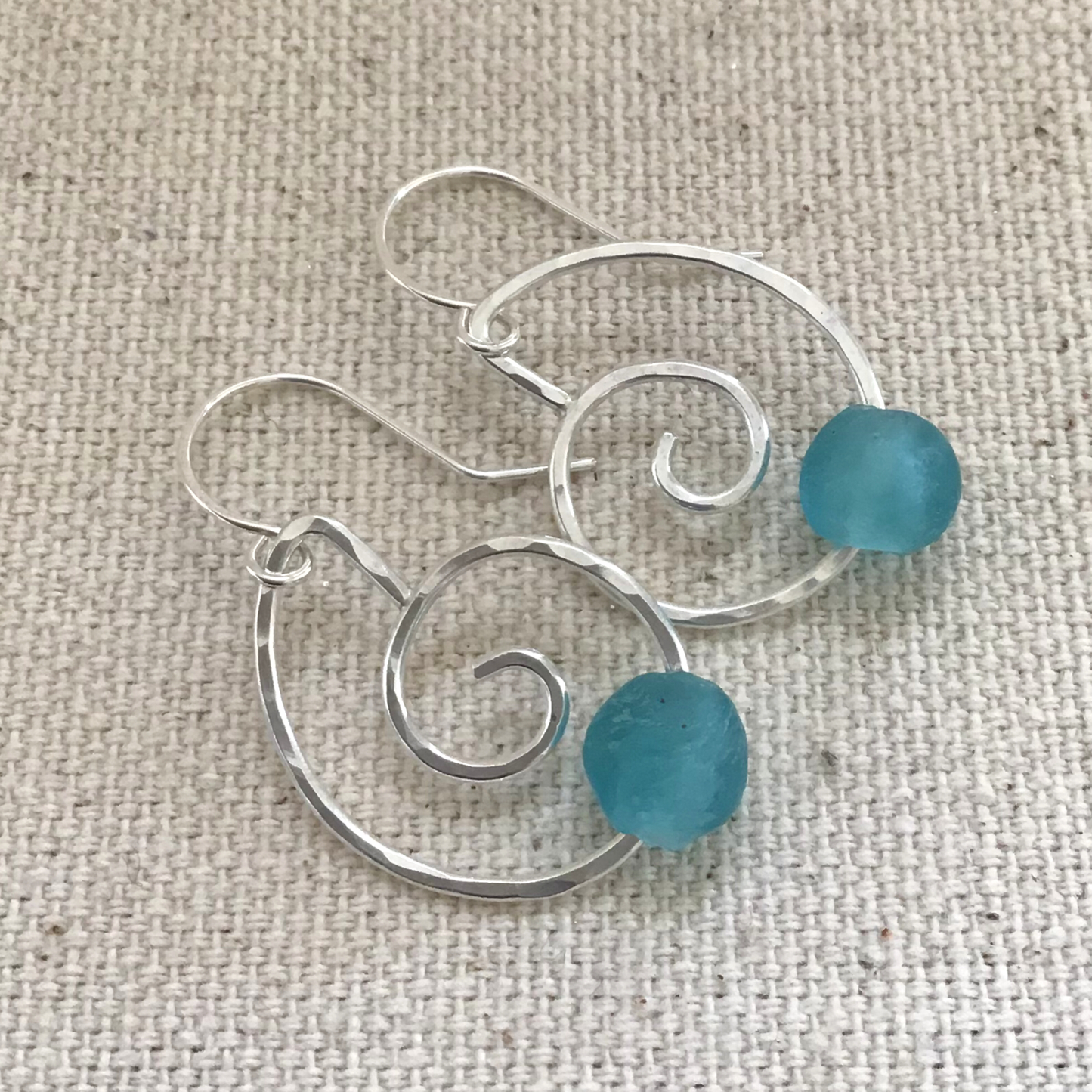 Seashell Dangle Earrings with Single Floating Recycled Glass Bead - Turquoise Blue