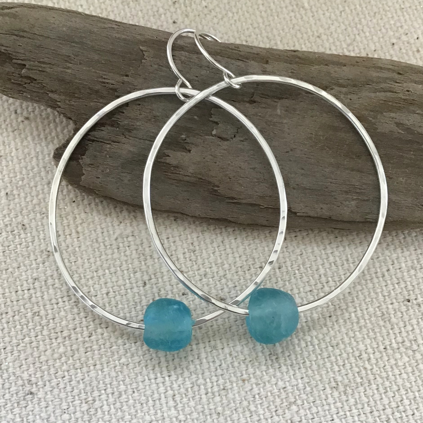 Circle Hoop Earrings with Single Floating Recycled Glass Bead - Turquoise Blue
