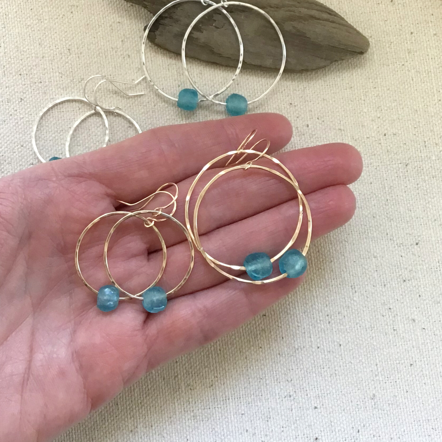 Circle Hoop Earrings with Single Floating Recycled Glass Bead - Turquoise Blue