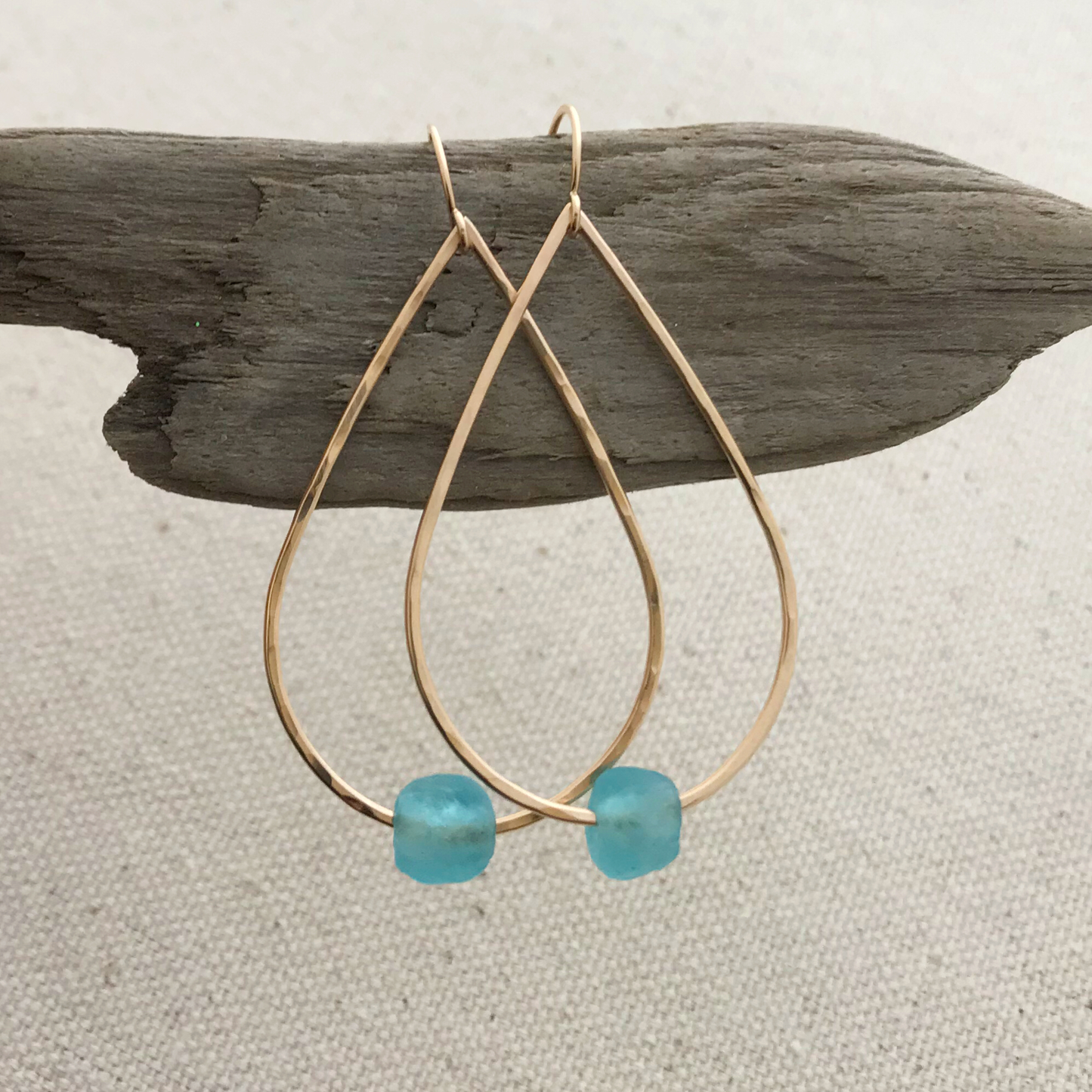 Teardrop Hoop Earrings with Single Floating Recycled Glass Bead - Turquoise Blue