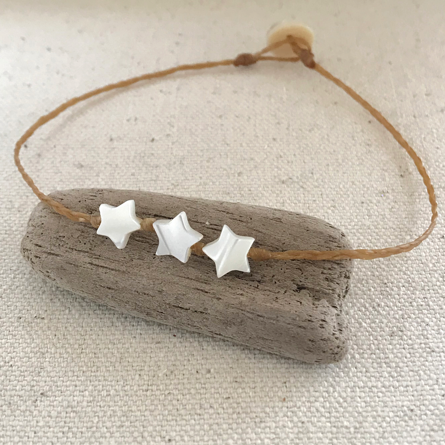 Waxed Cord Beach Anklet with Three Tiny Mother of Pearl Stars
